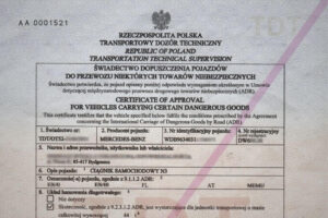świadectwo dopuszczenia pojazdu ADR wpis