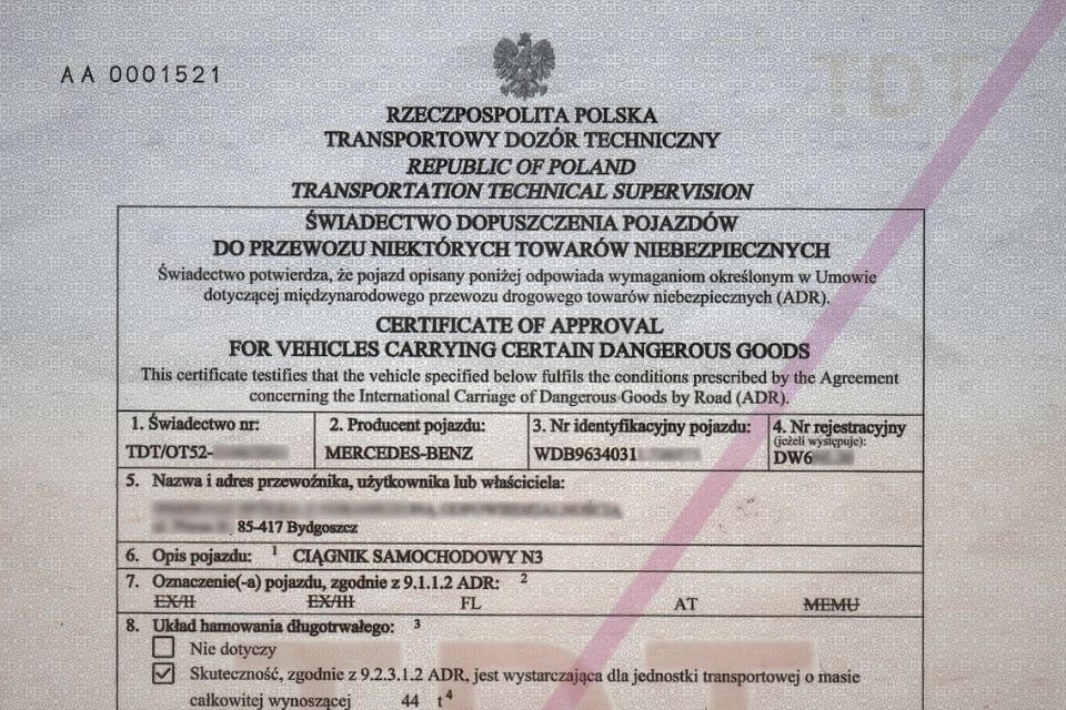 świadectwo dopuszczenia pojazdu ADR wpis
