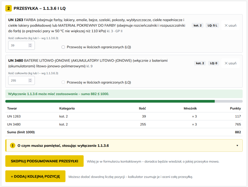 wyłączenie 1.1.3.6 kalkulator adr 2